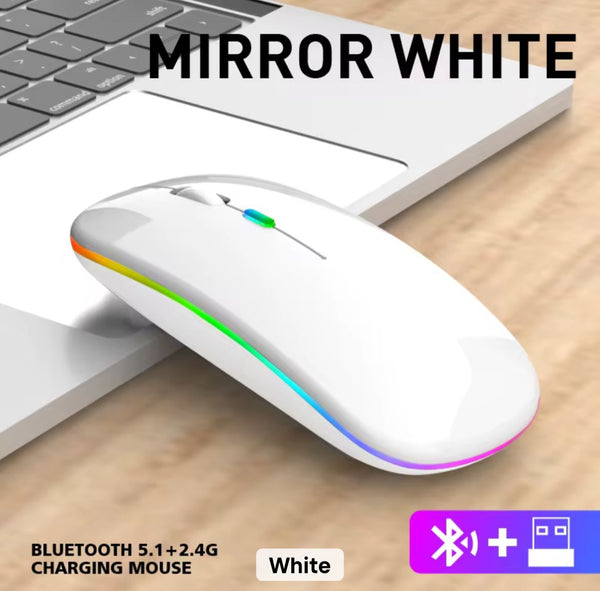 Wireless Slim Mouse with Colorful LED Lighting, Bluetooth, Rechargeable Battery and Type C interface (White Color)