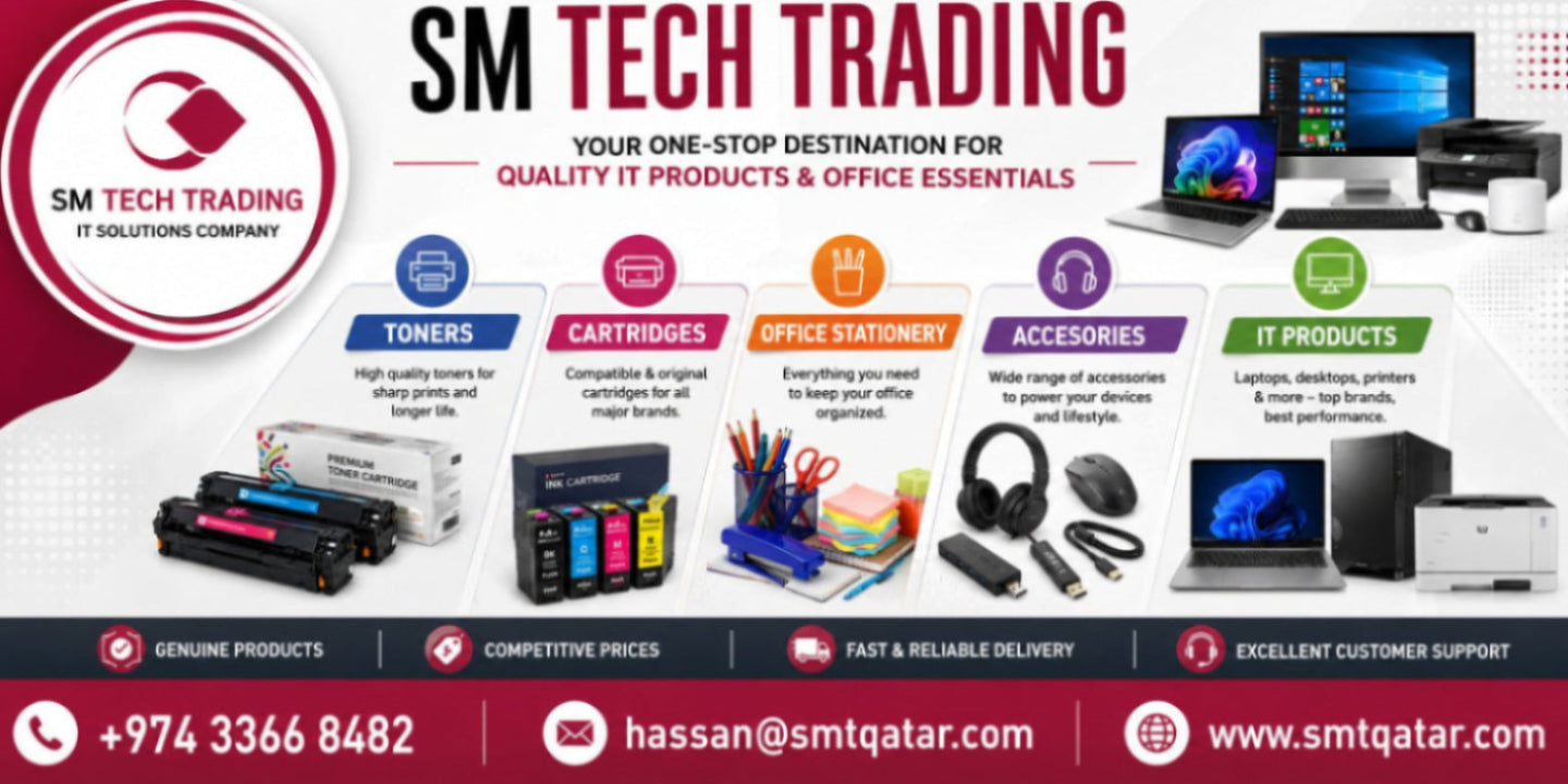 A promotional banner for SM Tech Trading IT Solutions Company, showcasing various IT products and accessories including toners, cartridges, an office stationery set, headphones, and IT products, with contact information and website details at the bottom.