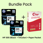 Bundle Pack : HP 305 Black + HP305 TriColor Original Ink Cartridge + Paper Packet (A4,500 Sheets)