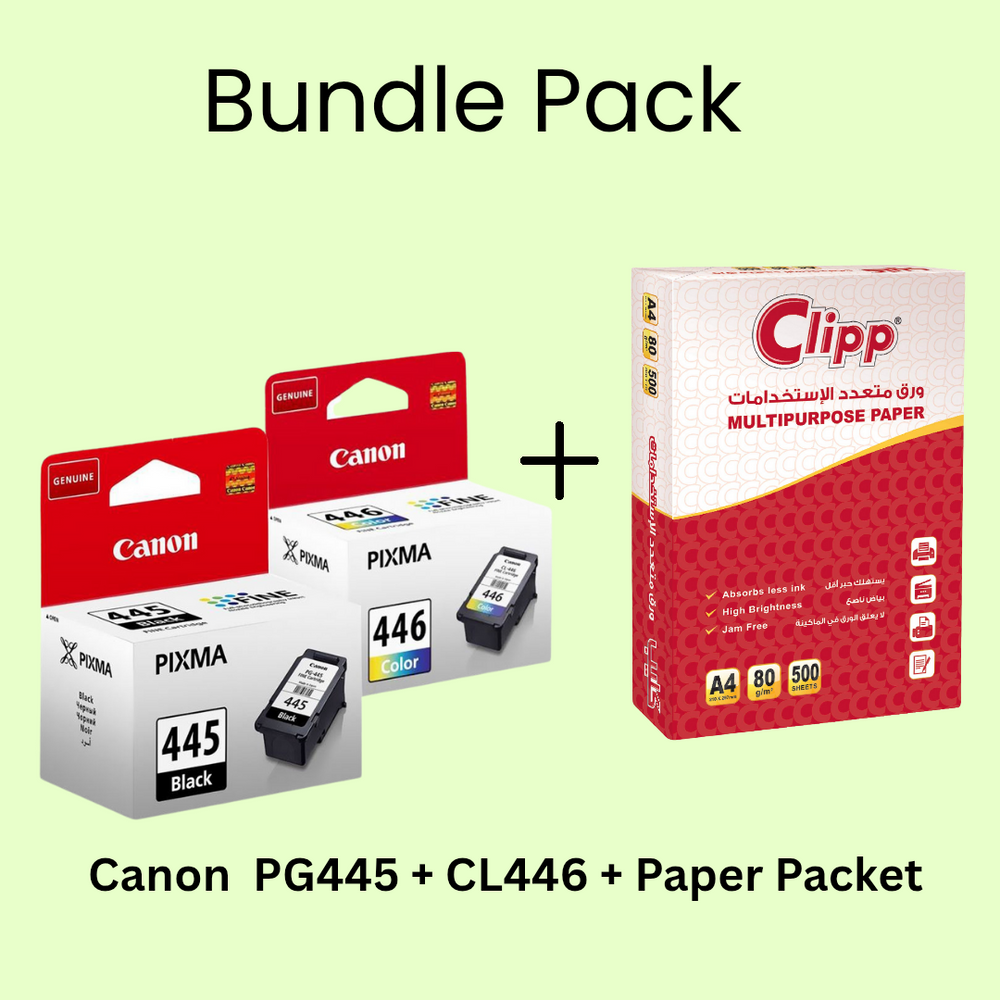 Bundle Pack: Canon PG-445 Black + CL-446 Color Original Ink Cartridge + Paper Packet (500 sheets)