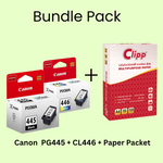 Bundle Pack: Canon PG-445 Black + CL-446 Color Original Ink Cartridge + Paper Packet (500 sheets)