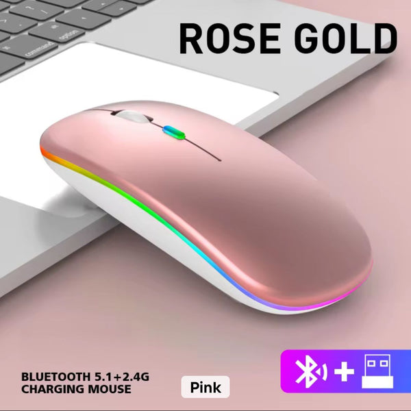 Wireless Slim Mouse with Colorful LED Lighting, Bluetooth, Rechargeable Battery and Type C interface (Rose Gold)r)